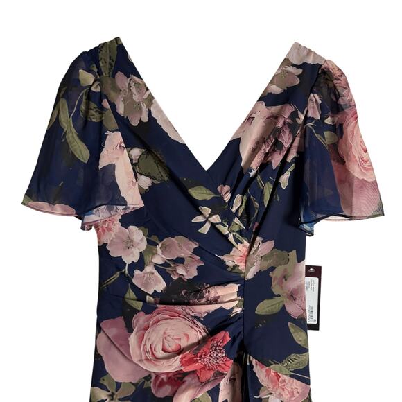 Xscape Surplice Tiered Navy Floral Print Chiffon Flutter Sleeve Evening Gown 4 - Picture 3 of 11
